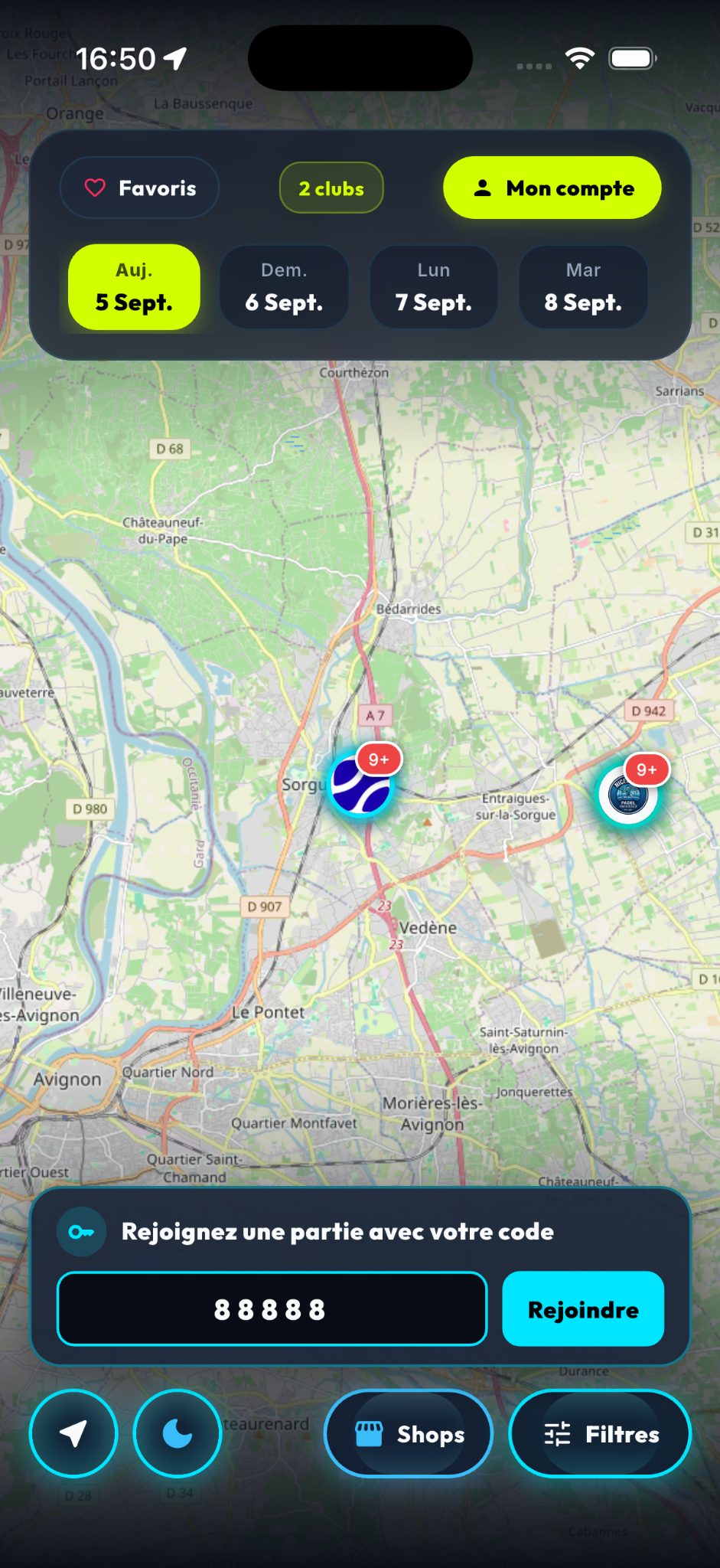 Recherche de clubs dans l’application joueur